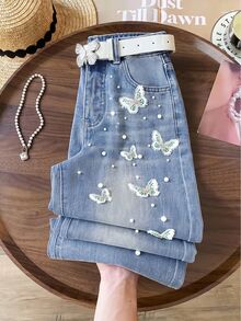 GlowEve Women's Casual Daily Denim Jeans With Faux Pearl Butterfly Decor And Pockets - Blue - View 1
