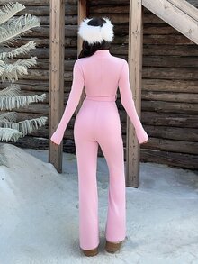 SHEIN EZwear Women's Solid Color Casual Daily Long Sleeve Jumpsuit - Pink - View 2