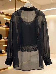 Franclia Sexy Style Long Sleeve Shirt Sexy Inner Camisole Lace Tank Top Set - Black - View 2