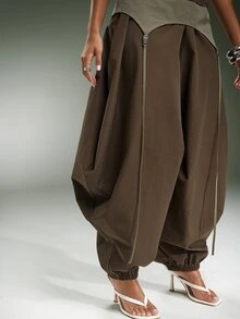 Denimoi Contrast Panel Foldover Oversized Balloon Pants - Brown - View 4
