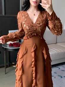 DAZY Women's Sequin Design V-Neck Patchwork Ruffle Elegant Long Sleeve Dress - Burnt Orange - View 7