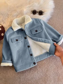 SHEIN 兒童小男孩保暖內裡厚磅燈芯絨翻領夾克，保暖外套，冬季外套，夾克，羊毛，厚實，幼兒冬季衣物 - 霧霾藍 - 查看 1