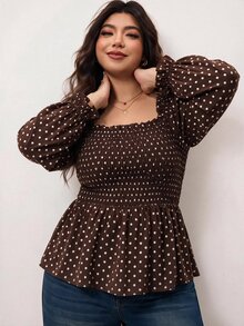 Enliva Plus Size Polka Dot Smocked Waist Blouse Compatible With Apple Body Round Body - Brown - View 5