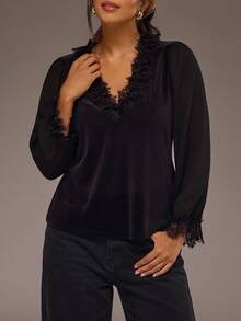 Freevana Velvet Wrap Deep V Lace Blouse With Ruffled Lace Cuffs And Sheer Sleeves, Romantic Evening Top - Black - View 5