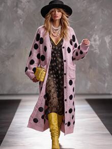 Solivie Women's Autumn/Winter Long Cardigan, Pink & Black Polka Dot Women Fall Winter Sweater Going Out Tops - Pink - View 7