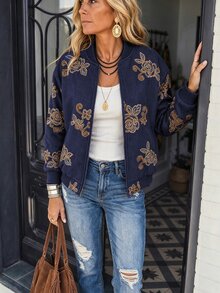 LanaWest 女款花卉刺繡圖案休閒日常長袖夾克 - 藍色 - 查看 6