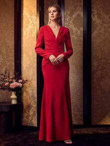 MOTF Soiréza WOMEN'S SOLID COLOR V-NECK PLEATED ELEGANT WAIST-CINCHING COCKTAIL PARTY DRESS - Red - View 4