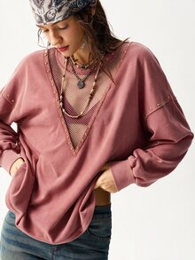 Bohemela 休閒純色針織圓領長袖寬鬆水洗女款衛衣 - 橘色 - 查看 7