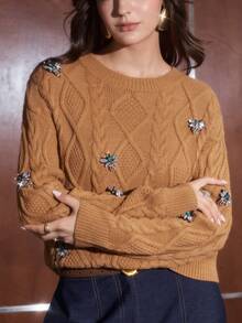 Anewsta Women's Autumn/Winter Fashion Sweet Style Little Bee Decor Long Sleeve Cable Knit Sweater, Versatile For Commuting And Holidays - Brown - View 5