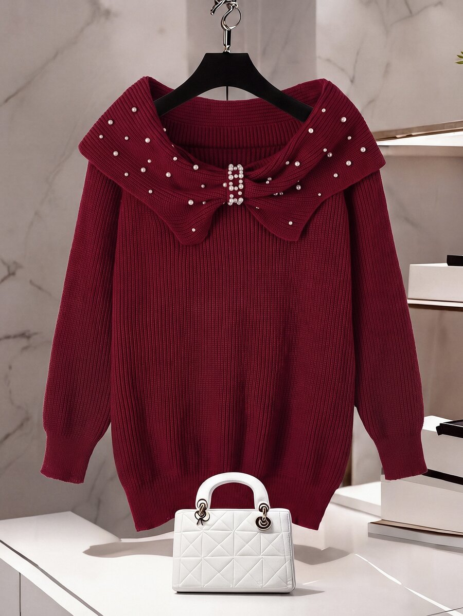 Easowa Curve Plus Size Women's Faux Pearl Decor Casual Everyday Cardigan - Red - View 1