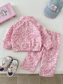 SHEIN Playful Pals 2件組幼女夾克長褲套裝，可愛甜美粉色豹紋蝴蝶結側條紋，長袖立領，休閒正裝，秋季公主風舒適慢跑時尚款 - 彩色 - 查看 2