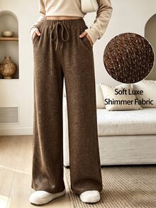 Louniche Celana Panjang Wanita Musim Panas Warna Kopi, Rajutan Benang Metalik, Tali Serut, Pinggang Elastis, Longgar, Panjang Hingga Lantai, Kaki Lebar - Coffee Brown - View 4