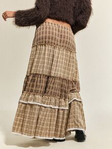 SHEIN Women's Autumn/Winter Bohemian Casual Asymmetrical Plaid Patchwork Voluminous Ruffle Hem Midi Skirt - Brown - View 2