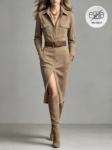 SHEIN Gaun Wanita Panjang Sedang Warna Polos Bahan Suede dengan Saku Tempel, Kasual, Serbaguna untuk Perjalanan Musim Gugur/Dingin - Khaki - View 1