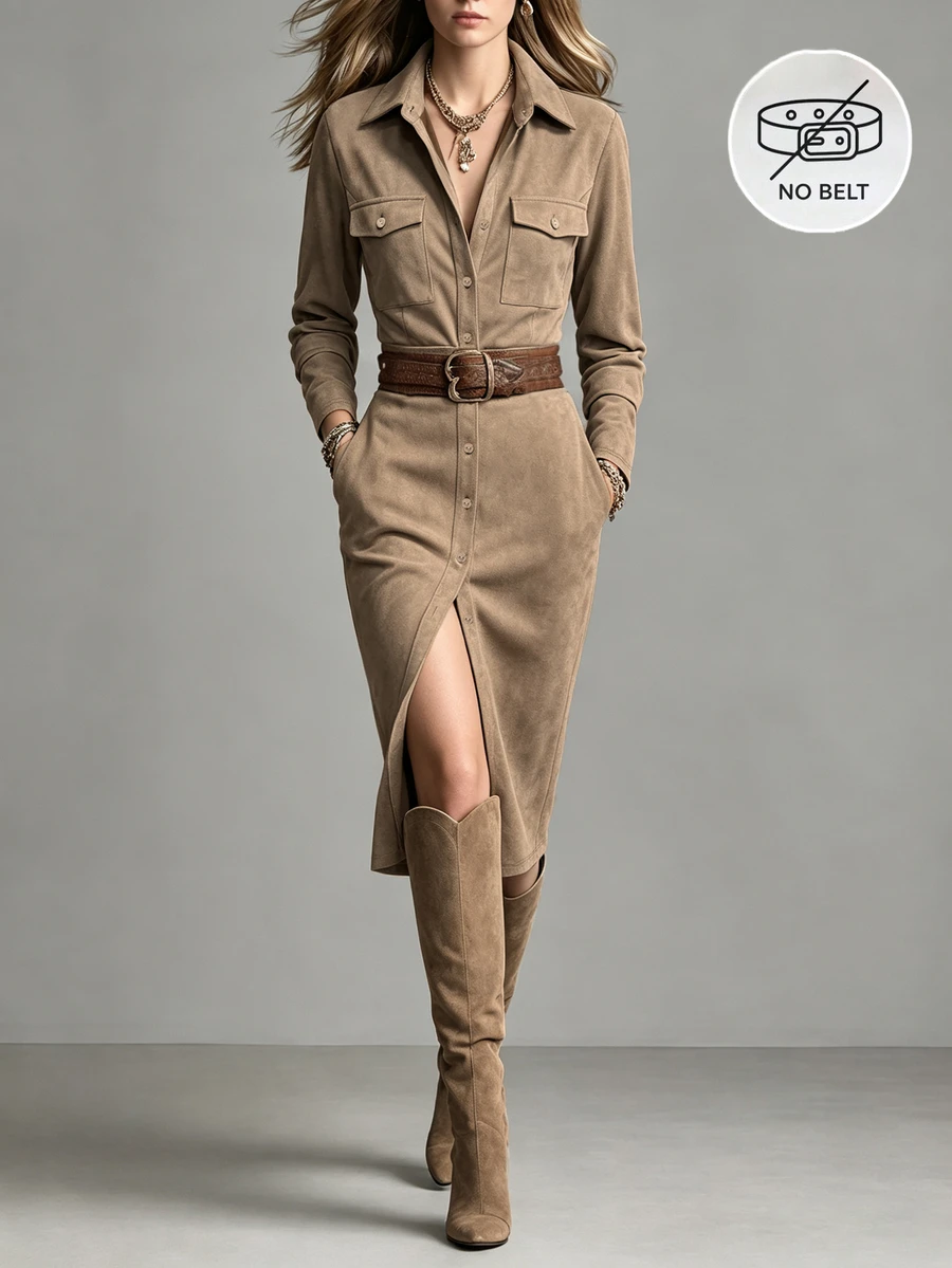 SHEIN Gaun Wanita Panjang Sedang Warna Polos Bahan Suede dengan Saku Tempel, Kasual, Serbaguna untuk Perjalanan Musim Gugur/Dingin - Khaki - View 1