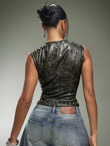 Denimoi Crocodile-Embossed PU Zip Placket Vest - Green - View 5