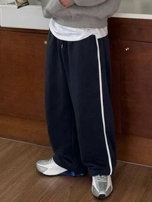 DAZY Spring/Autumn Navy Blue Color-Block Contrast Tape Design Loose Straight Leg Men's Pants - Navy Blue - View 2