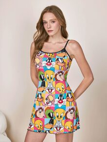 LOONEY TUNES X SHEIN 女款全印花休閒日常居家細肩帶睡裙 - 黃色 - 查看 1