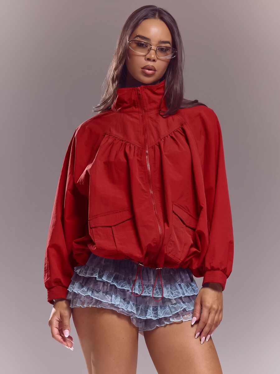 MUSERA 漏斗領蝙蝠袖抓皺夾克 春夏可愛性感街頭風 夜店芭蕾袖 - 紅色 - 查看 1