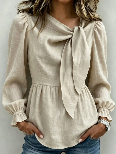 Glimmora Blus Wanita Gaya Prancis dengan Pita Lembut dan Leher V, Kemeja Lengan Panjang Tekstur Linen dengan Lengan Kelopak Bunga Bergaya Vintage dan Pinggang yang Dikencangkan, Blus Elegan untuk Beraktivitas di Luar Rumah