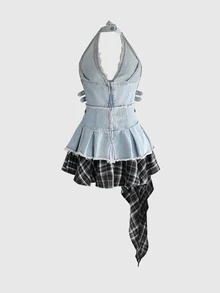 ROMWE Grunge Punk Denim Patchwork Plaid Asymmetrical Hem Halter Neck Frayed Edge Denim Dress - Blue - View 2