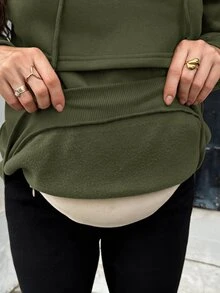 SHEIN 孕婦純色長袖休閒抽繩連帽哺乳衛衣 冬季 - 軍綠色 - 查看 8