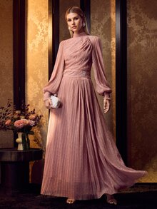 MOTF Soiréza WOMEN'S SOLID COLOR STAND COLLAR FAUX PEARL DECOR LANTERN SLEEVE PLEATED ELEGANT EVENING DRESS - Pink - View 5