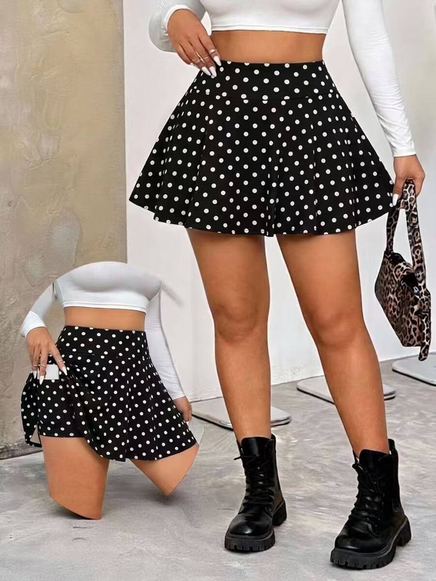 SHEIN EZwear 大尺碼女款波點裙褲(內建短褲與口袋) - 黑色 - 查看 1