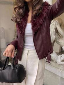 Aloruh Women's Autumn/Winter Burgundy PU & Fur Patchwork Jacket, Casual Versatile Outerwear - Burgundy - View 10