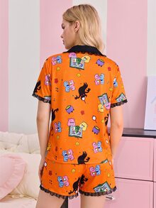SHEIN X Care Bears Women's Cartoon Print Short Sleeve Top And Shorts Casual Daily Home Sleepwear Set - Orange - View 2