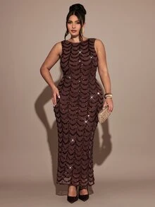 SHEIN BAE CURVE 大尺碼女款咖啡棕色亮片優雅性感無袖露背裝飾洋裝，適合正式場合、聖誕、雞尾酒會與晚宴 - 咖啡棕 - 查看 1