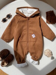 SHEIN 嬰兒男嬰兒女嬰兒男秋冬款卡通熊圖案連帽長袖連身褲，百搭舒適 - 彩色 - 查看 2