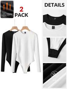 SHEIN BASICS Women's Minimalist Solid Color Long Sleeve Bodysuit 2 Pieces Set - Black and White - View 3