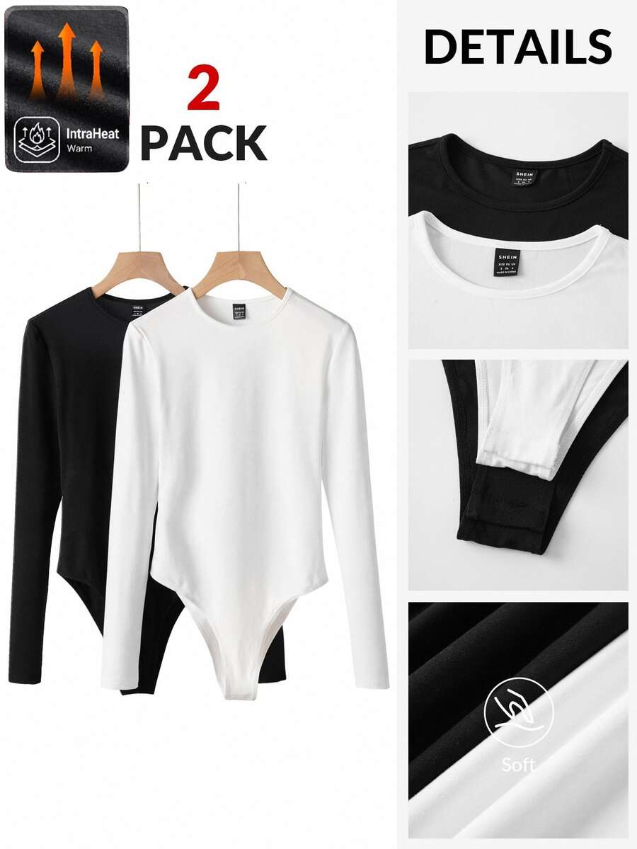 SHEIN BASICS Women's Minimalist Solid Color Long Sleeve Bodysuit 2 Pieces Set - Black and White - View 1