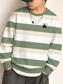 Tween Boy Casual Fashion Crew Neck Long Sleeve Sweatshirt, Suitable For Autumn/Winter, Classic Retro Striped Pattern Print, Cool Cat Logo Graphic Print - Multicolor - View 2