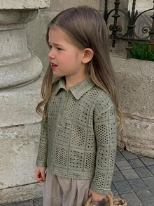Dazy Kids (少女款) 有領短袖紋理鏤空設計T恤 - 軍綠色 - 查看 4