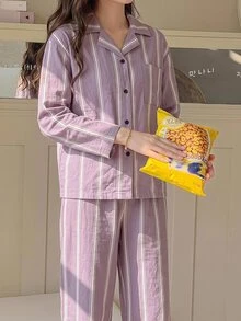 DAZY 青少年女孩秋季服裝 女孩 (大號) 圓領針織印花短袖T恤 + 格紋睡褲家居服套裝 - 淡紫色 - 查看 4
