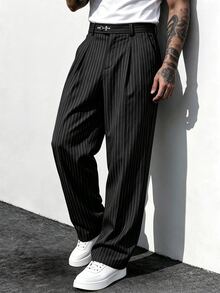 Manfinity Mode 男士黑色條紋西裝長褲，輕商務休閒百搭設計，腰部飛機扣元素，時尚百搭直筒長褲 - 黑色 - 查看 3