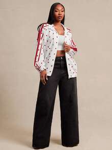 SHEIN SXY Plus Size Women's Polka Dot Casual Everyday Long Sleeve Jacket Fall - Red and White - View 4