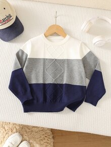 SHEIN Atasan Sweater Rajut Lengan Panjang Leher Bulat dengan Motif Patchwork Tebal dan Warna Kontras untuk Anak Laki-Laki, Nyaman, Serbaguna, Modis, Gaya Minimalis Klasik yang Imut untuk Sehari-hari, Cocok untuk Dipakai di Dalam Ruangan pada Musim Gugur/Dingin - MultiWarna - View 4