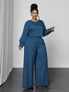 Maweii Plus Size Solid Color 2 In 1 Set Women Round Neck Lantern Sleeve Crop Top High Waist Wide Leg Long Pants Commute Party Two Pieces Set Fall - Blue - View 6