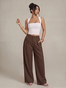 SHEIN PETITE 女款極簡現代海軍藍條紋西裝長褲，高腰寬腿長褲，藍色條紋長褲，大廓形寬腿休閒長褲，商務辦公通勤長褲，適合休閒外出、商務、辦公、通勤與正式場合，海軍藍寬腿長褲，女款百褶長褲 - 摩卡棕 - 查看 6