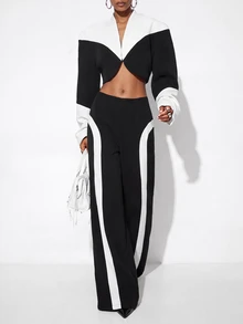 Aveloria GENKIRA Fall Black And White Contrast Color Asymmetrical Design Cropped Stand Collar Curved Hem Loose Wide Shoulder Silhouette Blazer Jacket Women's Suit Set - Black and White - View 7