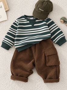 SHEIN Baby Boy Striped Pattern Knit Soft Crew Neck Long Sleeve Pullover Sweatshirt & Elastic Waist Long Pants 2 Pieces Set - Green - View 1