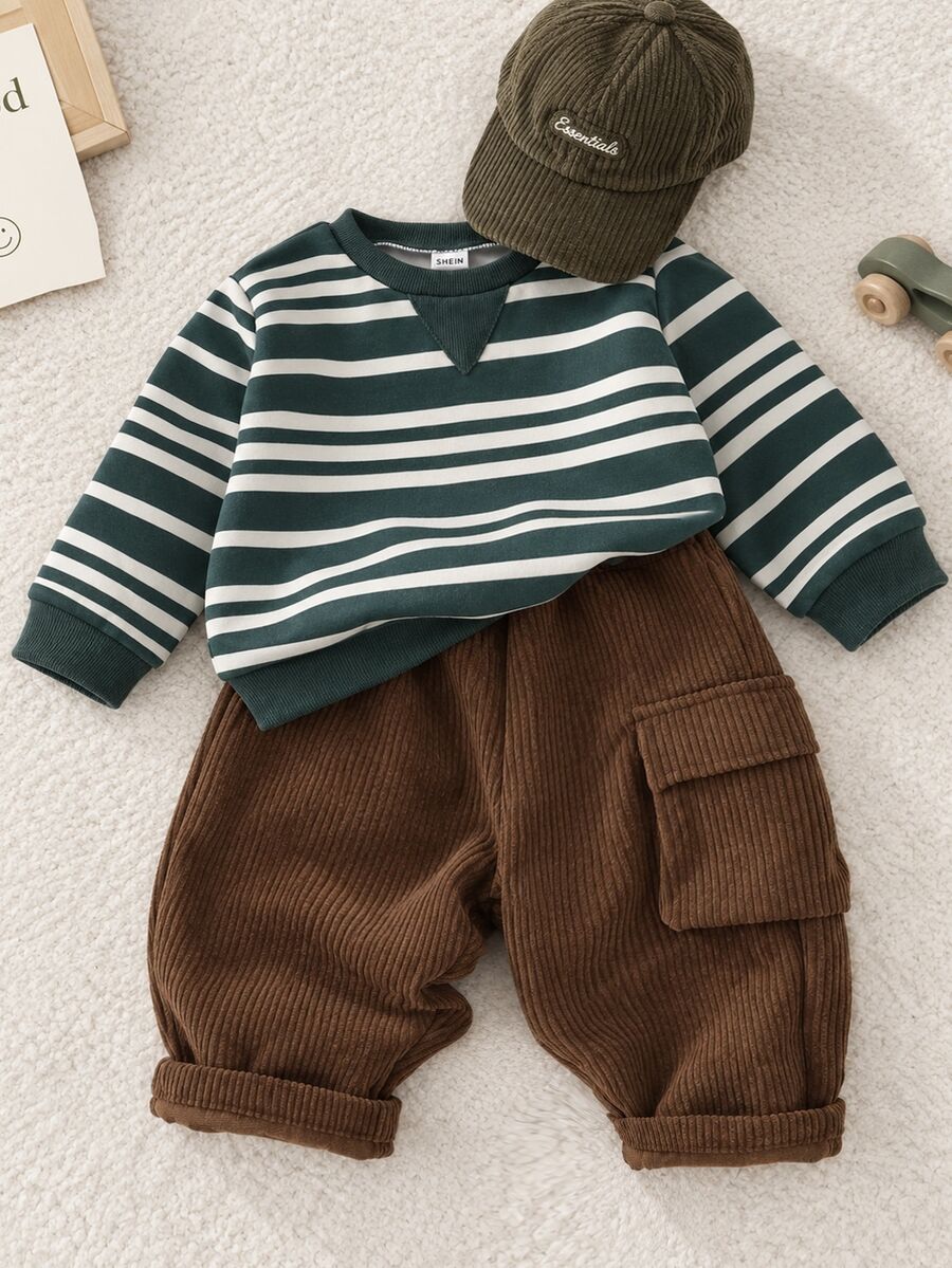 SHEIN Baby Boy Striped Pattern Knit Soft Crew Neck Long Sleeve Pullover Sweatshirt & Elastic Waist Long Pants 2 Pieces Set - Green - View 1