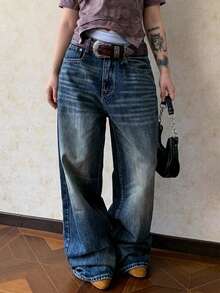 Dazy Plus Low Waist Straight Leg Distressed Washed Vintage Cat Whisker Faded Denim Fabric Loose Street Style Wide Leg Floor Length Jeans - Dark Wash - View 3