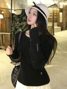 DAZY Women's Round Neck Long Sleeve Back Knot Design Fashion Sweater - Black - View 6