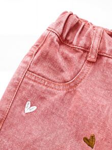 SHEIN 女童時尚可愛街頭風愛心刺繡寬鬆直筒牛仔長褲 - 粉色 - 查看 7