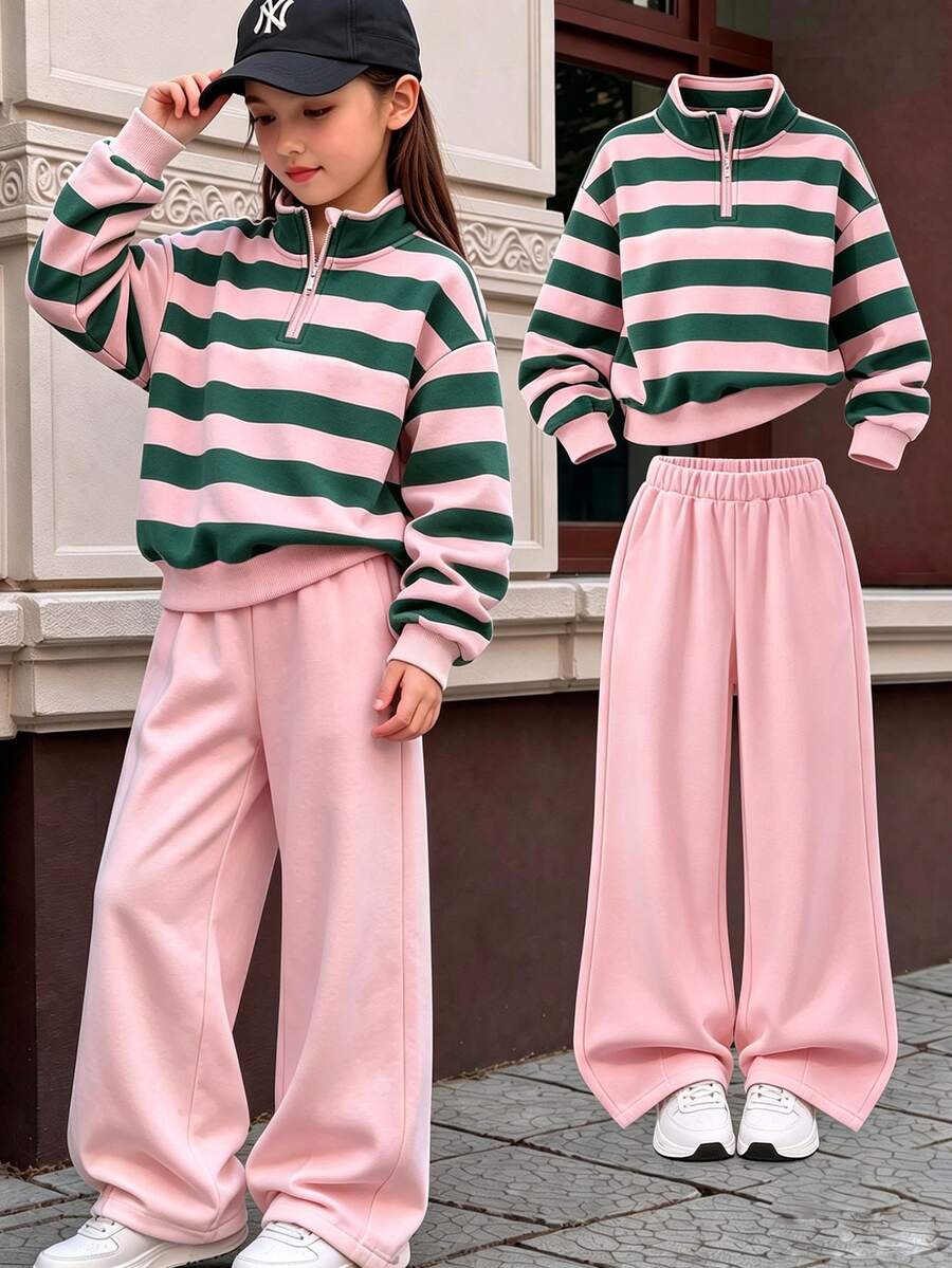 女童秋冬兩件套,青少年女孩立領半拉鍊粉綠拼色橫條紋短版運動上衣,搭配純粉色直筒長運動長褲,休閒日常上學與週末出遊穿搭,時尚韓風童裝運動服 - 彩色 - 查看 1