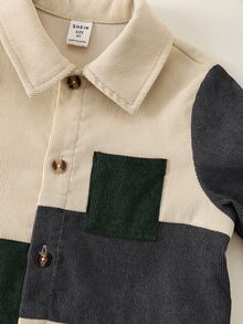 SHEIN 2件組兒童小男孩休閒日常百搭舒適配色拼接翻領長袖鈕扣襯衫與素色直筒長褲梭織套裝，適合學校、花園、海灘、生日，適用春夏秋冬 - 彩色 - 查看 5